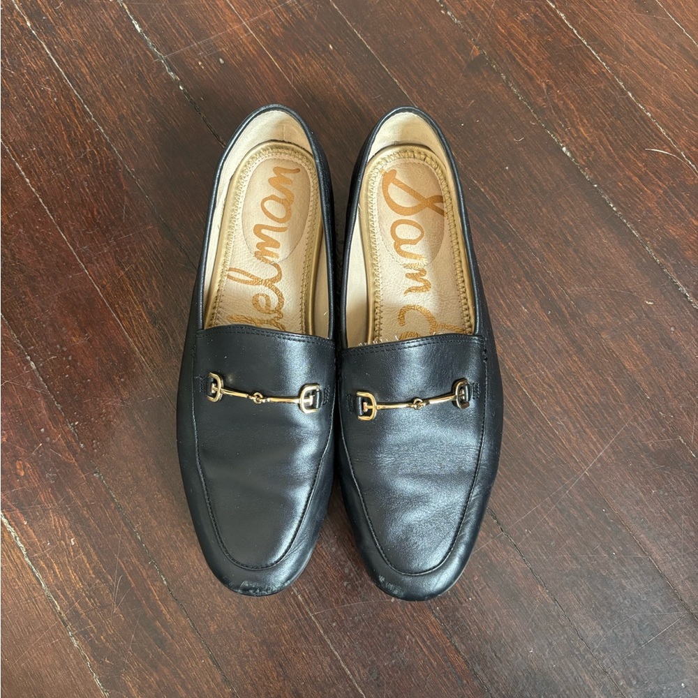 Sam Edelman Black Loraine Leather Loafers with Gold Buckle